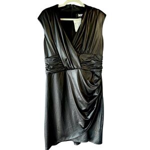 DKNY Black Glazed Faux Leather Ruched Sleeveless Shift Cocktail Dress NWT